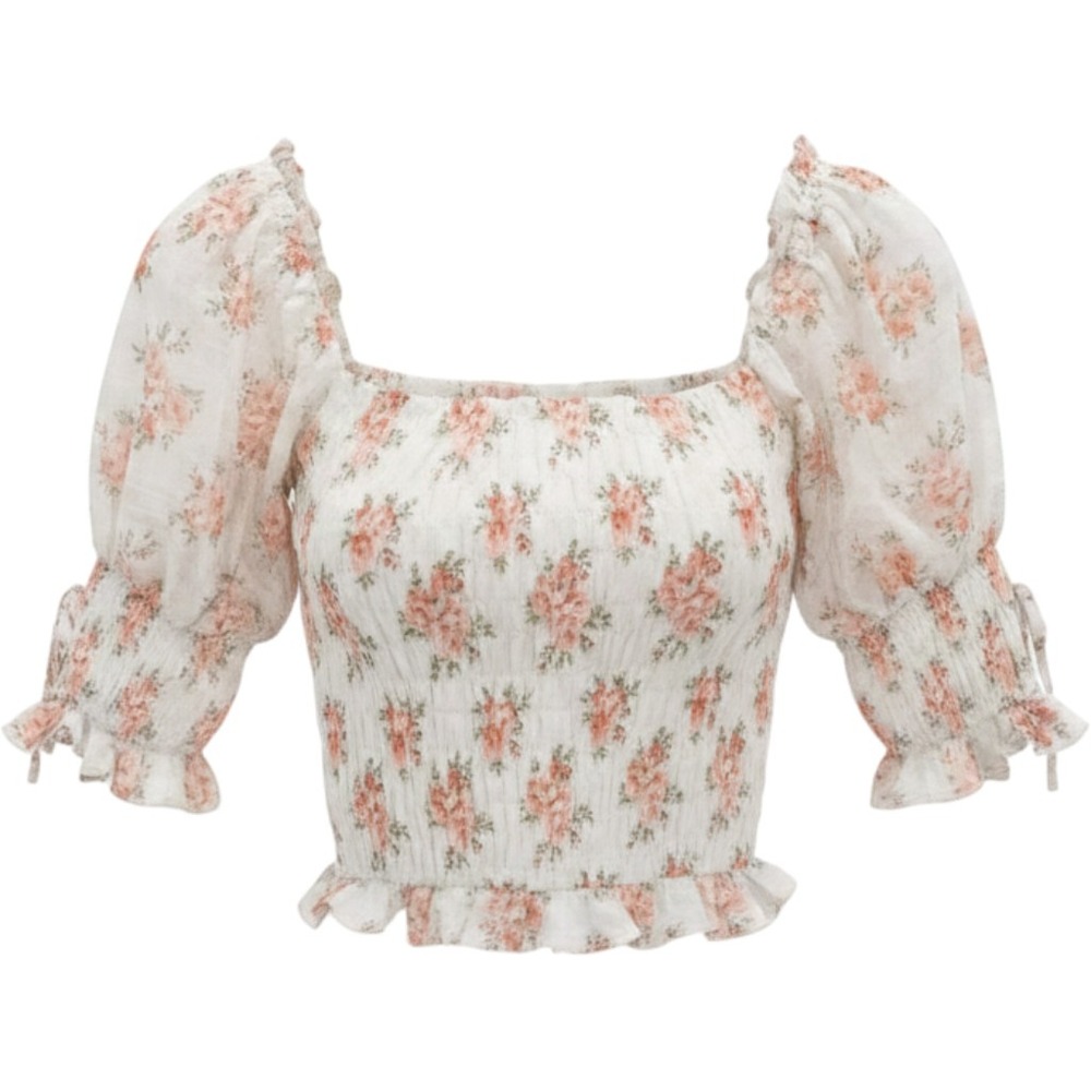 Forever 21 Floral Smocked Crop Top Womens Small White Pink Excellent Cottagecore